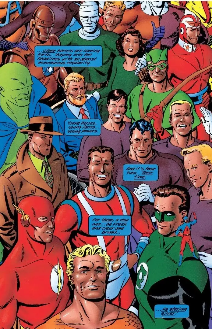 Une page du numéro quatre de The Golden Age montrant les héros de l'âge d'argent de DC.