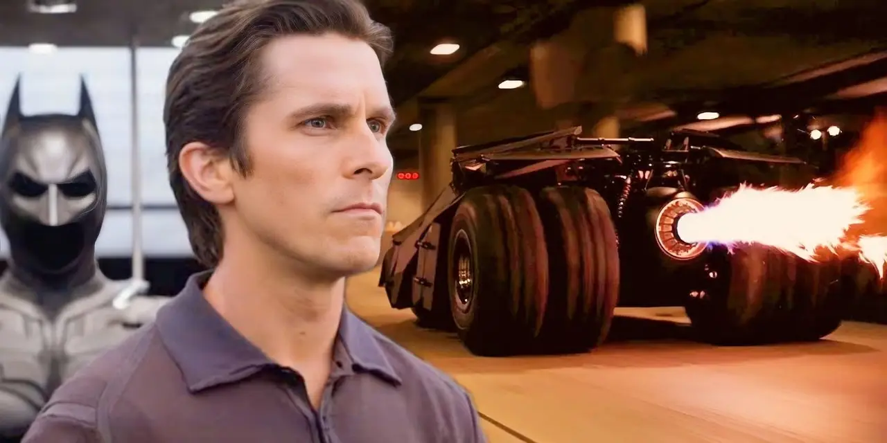 Christian Bale dans le rôle de Batman dans The Dark Knight de Christopher Nolan avec Tumbler Batmobile