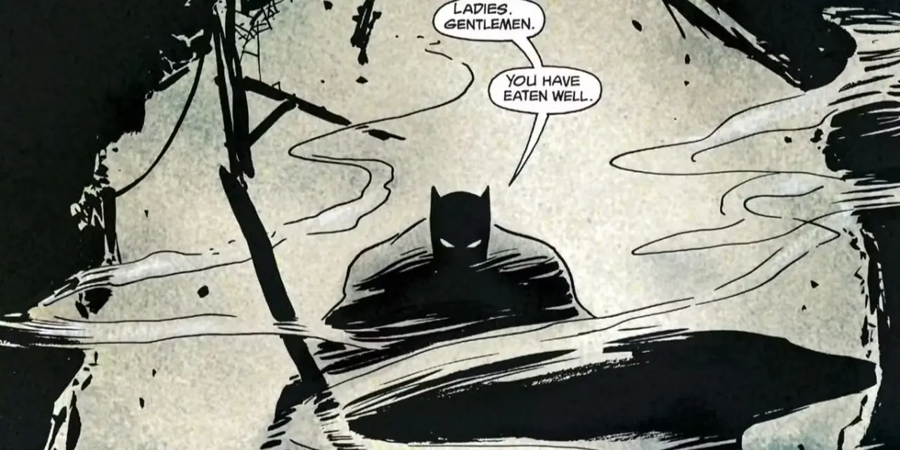 Pannello di fumetti: Batman visibile attraverso il fumo.