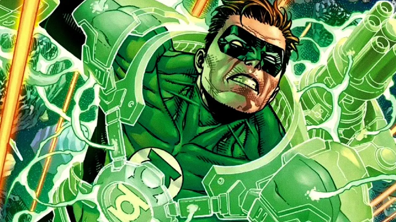 Hal Jordan usa uma armadura do Lanterna Verde em batalha