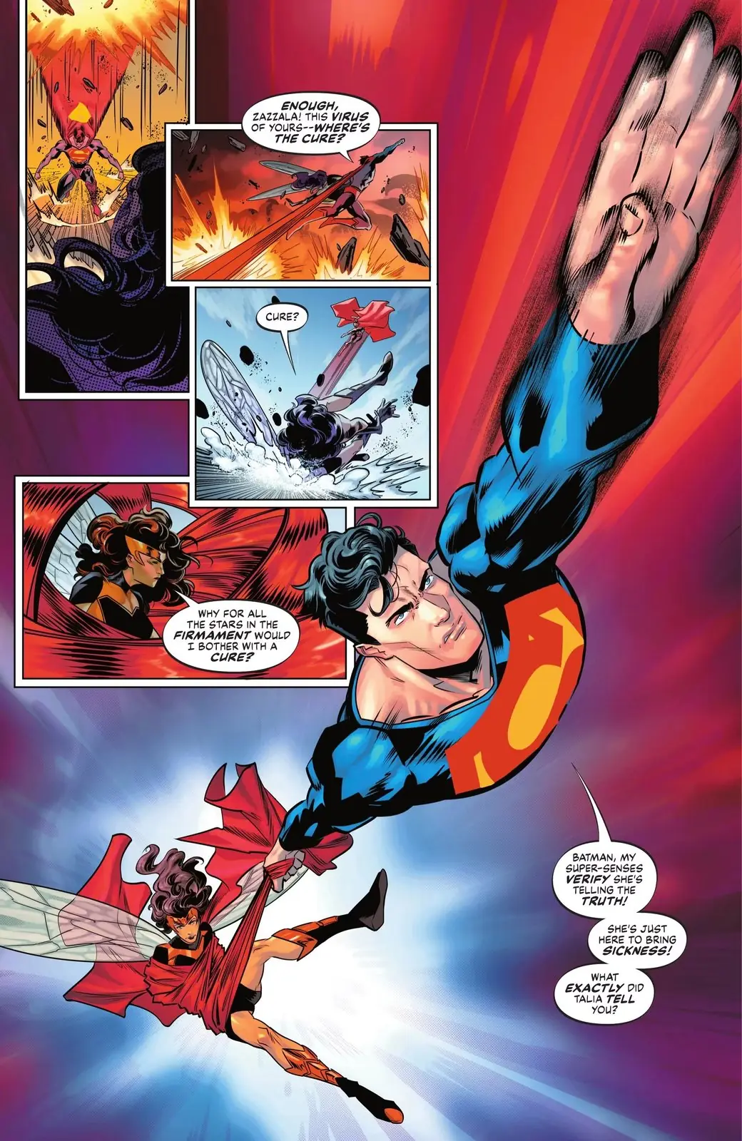 슈퍼맨은 자신의 초청력을 사용해 Zazzala가 World's Finest #55에서 진실을 말하고 있는지 확인합니다. 슈퍼맨은 자신의 초청력을 사용해 Zazzala가 World's Finest #55에서 진실을 말하고 있는지 확인합니다.
