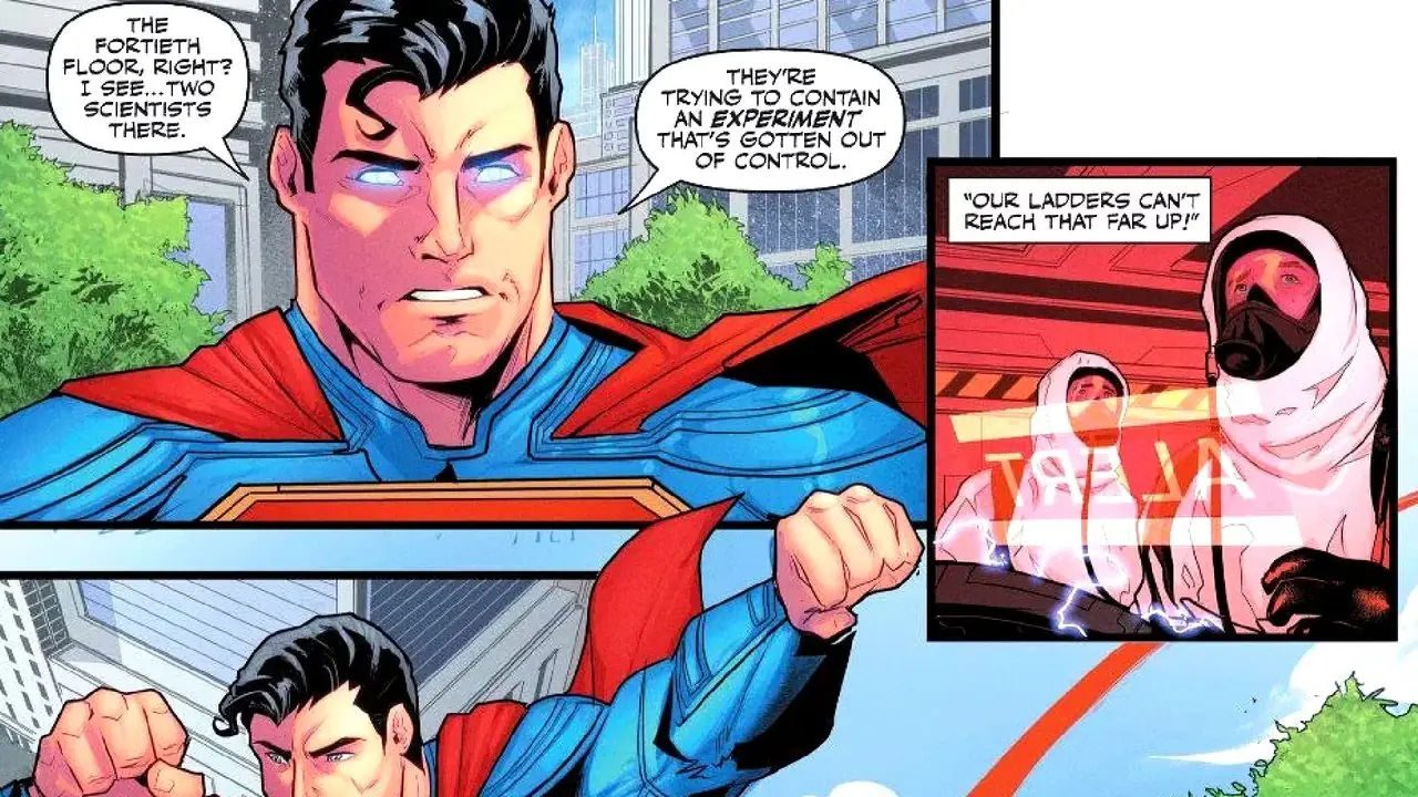 DC Comics에서 슈퍼맨은 엑스레이 비전을 사용하여 건물을 투시합니다. DC Comics에서 슈퍼맨은 엑스레이 비전을 사용하여 건물을 투시합니다.