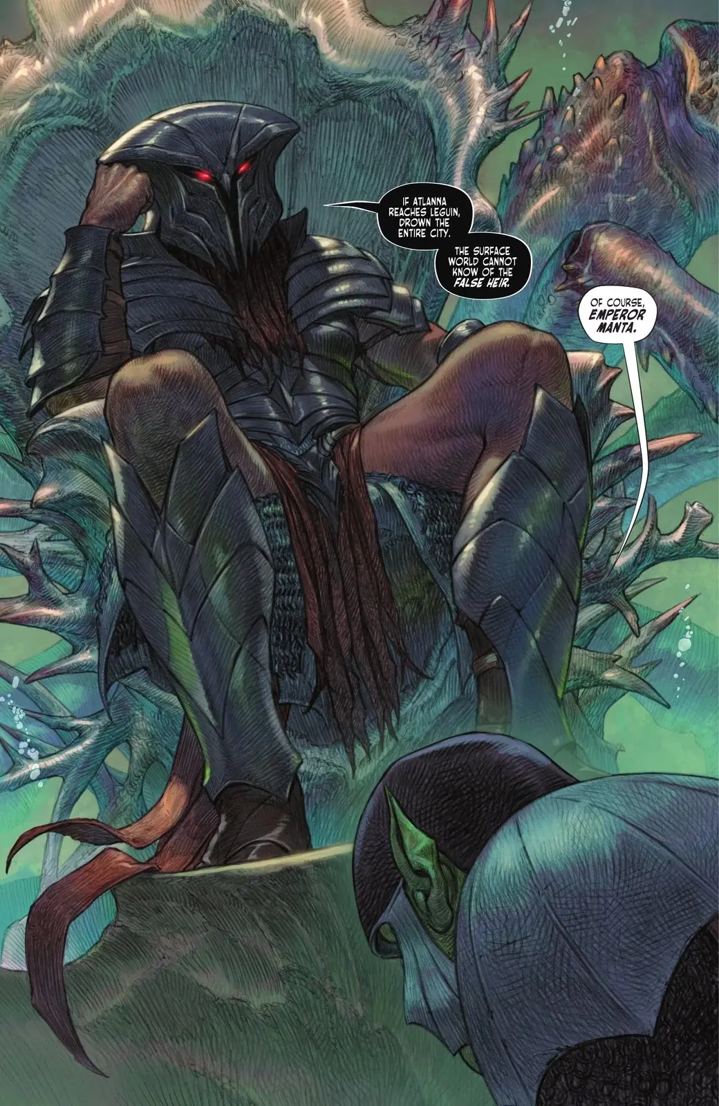 Black Manta는 Dark Knights of Steel II Special Heir to the Sea에서 왕좌에 앉습니다.