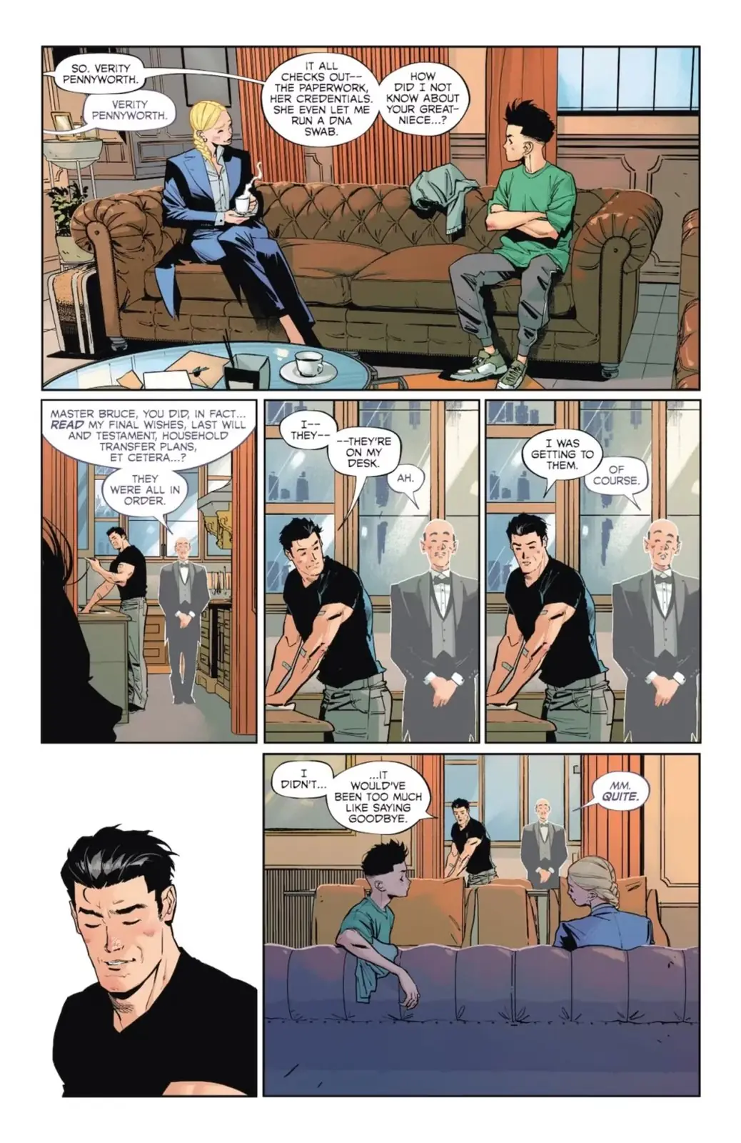 Aperçu de Batman-12, page 1, montrant Batman et Damian rencontrant Verity Pennyworth
