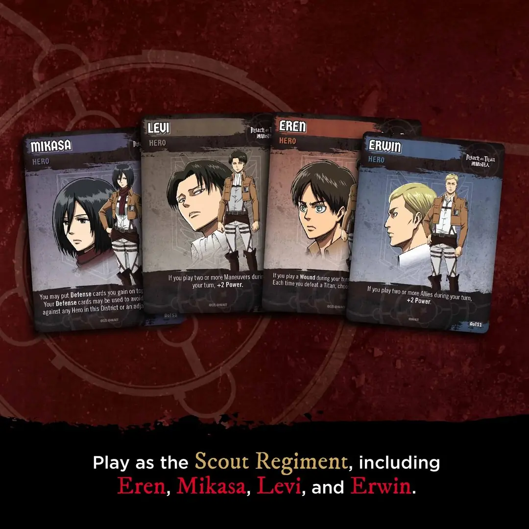 La imagen muestra cartas de personajes del juego de mesa Attack on Titan Deck Builder. La imagen muestra cartas de personajes del juego de mesa Attack on Titan Deck Builder.
