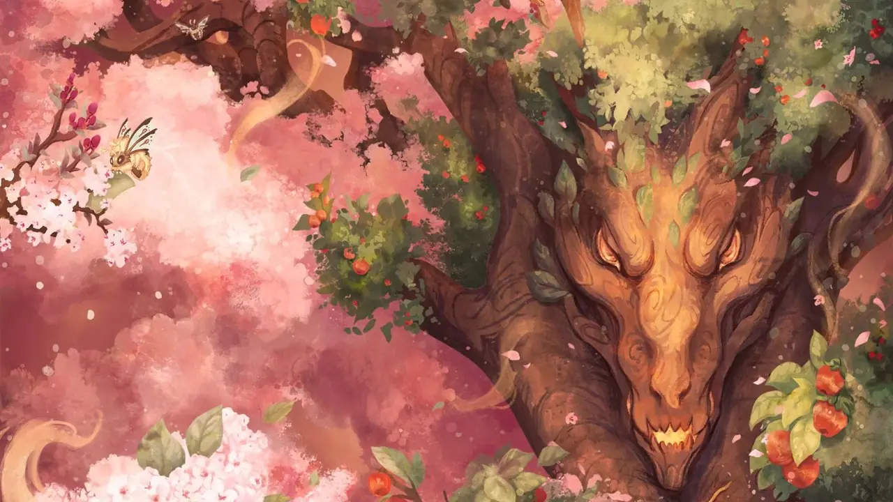 La grafica per The Field Guide To Floral Dragons mostra una testa di drago in legno. La grafica per The Field Guide To Floral Dragons mostra una testa di drago in legno.