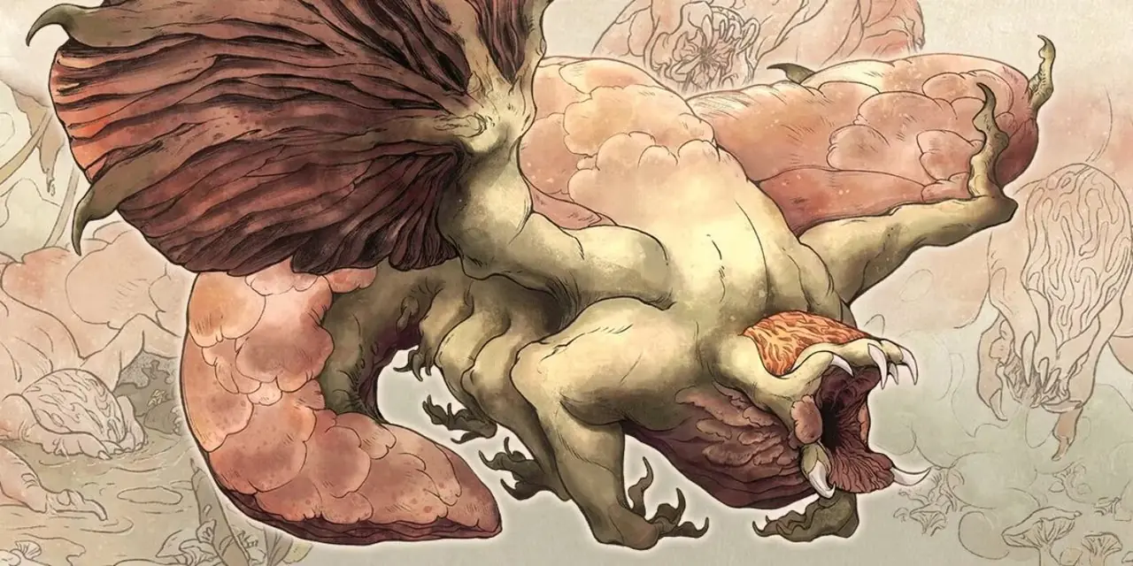 The Field Guide To Floral Dragons'tan bir Mantar Ejderhası uçarken kükrüyor.