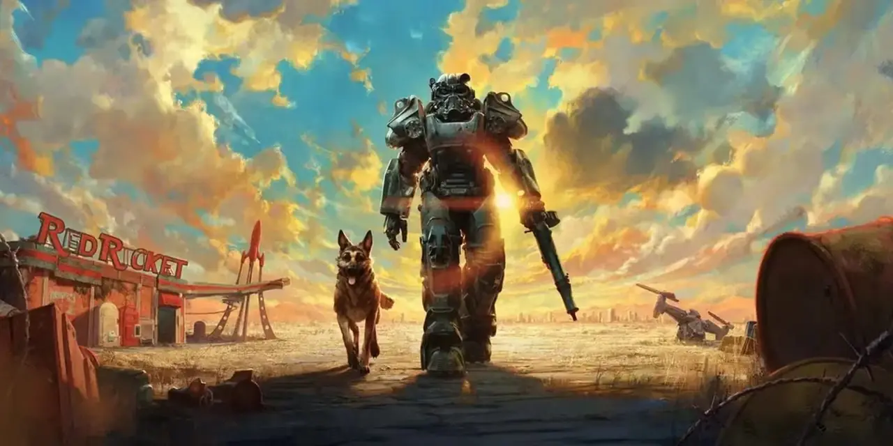 Personaje de Fallout 5 paseando con un perro en un terreno baldío Personaje de Fallout 5 paseando con un perro en un terreno baldío