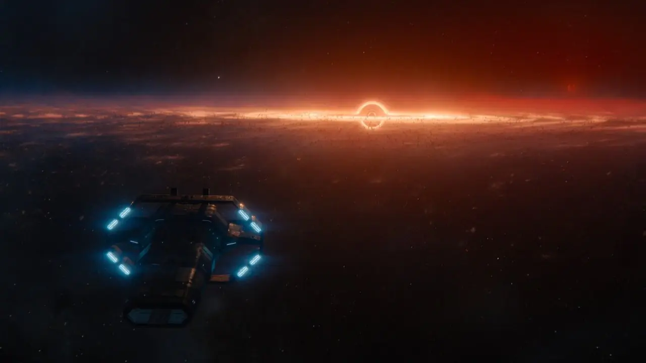 Stiftungsschiff mit rotem Planeten und Ringen im Hintergrund