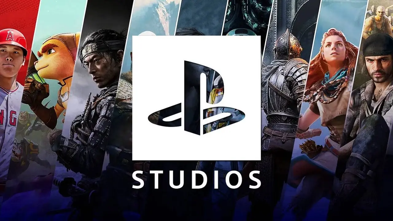 شعار PlayStation Studios مع مجموعة متنوعة من الشخصيات خلفه. شعار PlayStation Studios مع مجموعة متنوعة من الشخصيات خلفه.