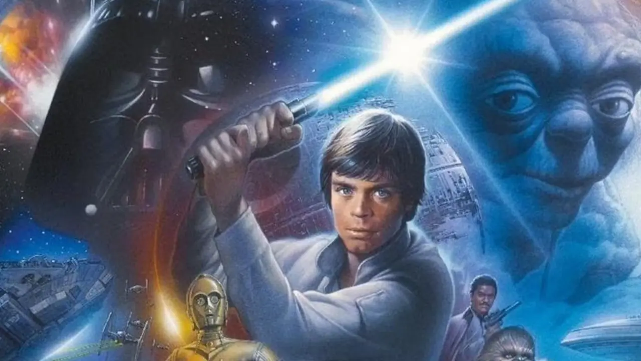 Luke Skywalker de Star Wars está con su sable de luz sobre su cabeza, la Estrella de la Muerte, Darth Vader y Yoda asomando detrás de él.