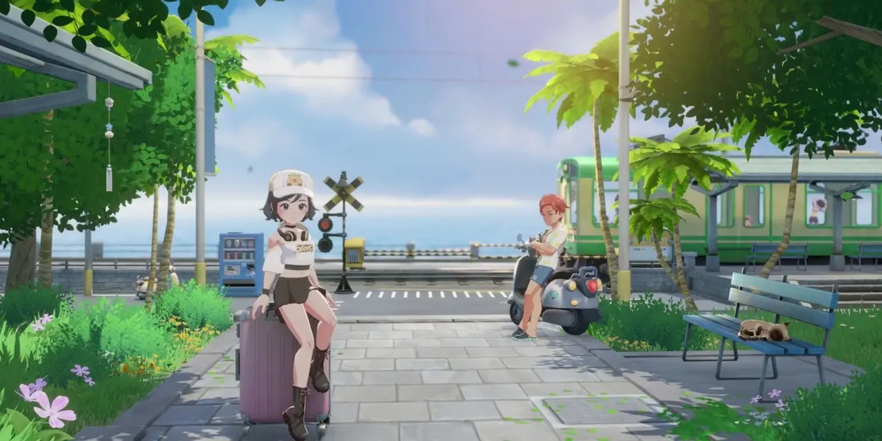 Captura de pantalla de Starsand Island de dos personajes en la estación de tren.