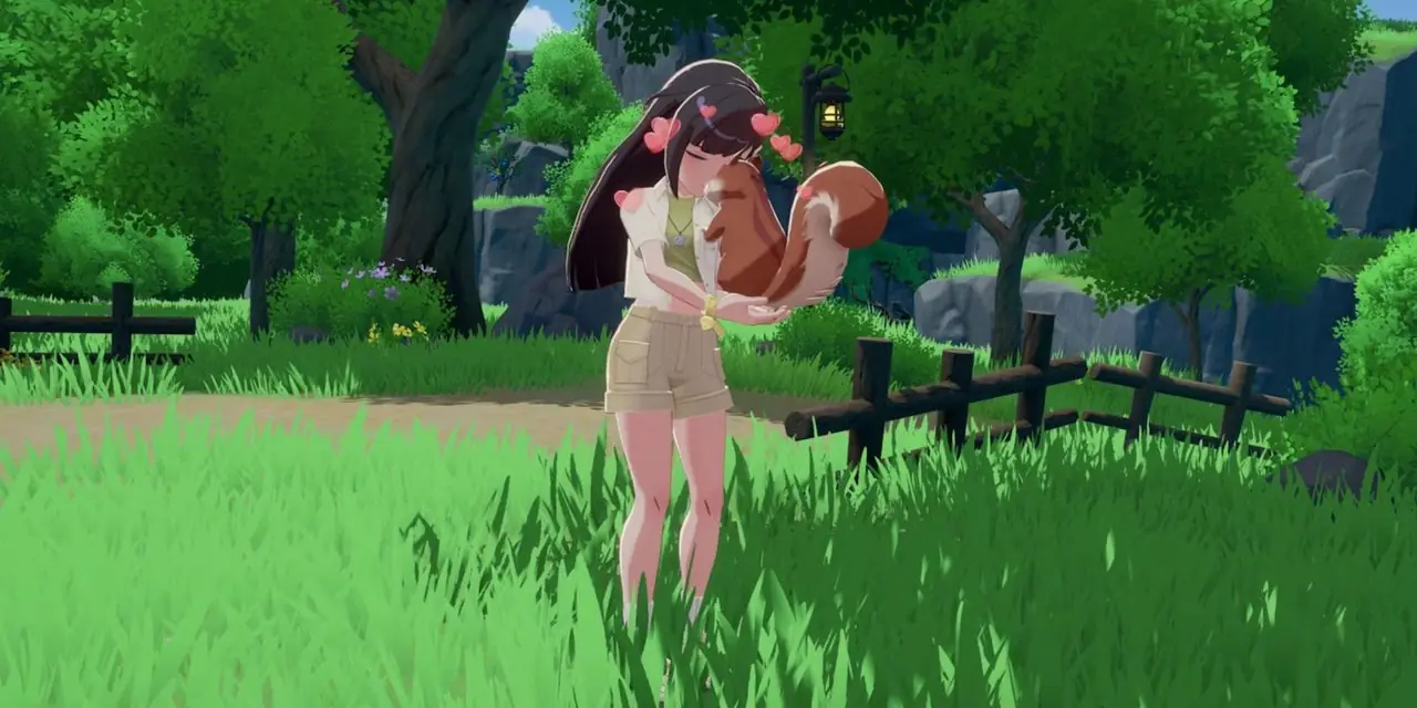 Captura de pantalla de Starsand Island de un personaje jugador abrazando una ardilla