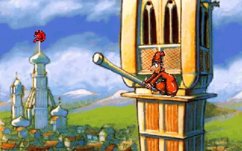 Rincewind configurando un artilugio en el juego Discworld