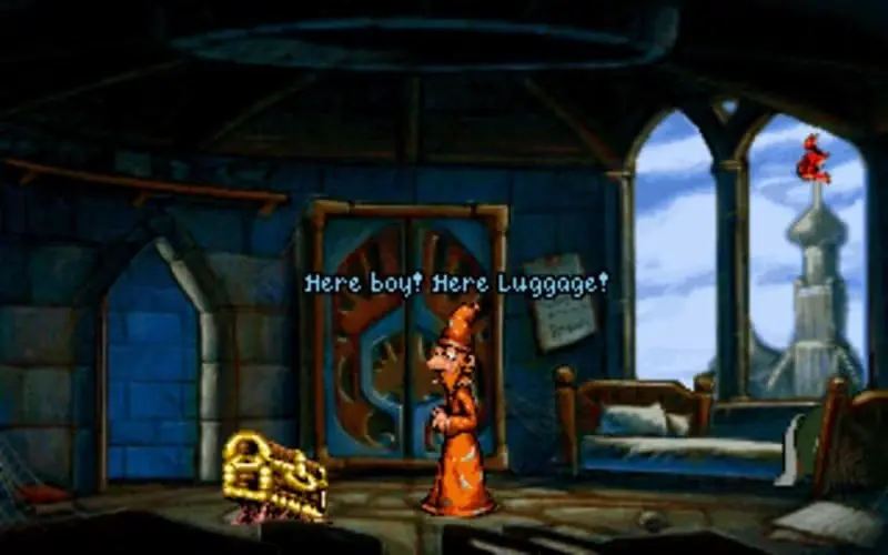 Rincewind llamando al equipaje en el juego Mundodisco