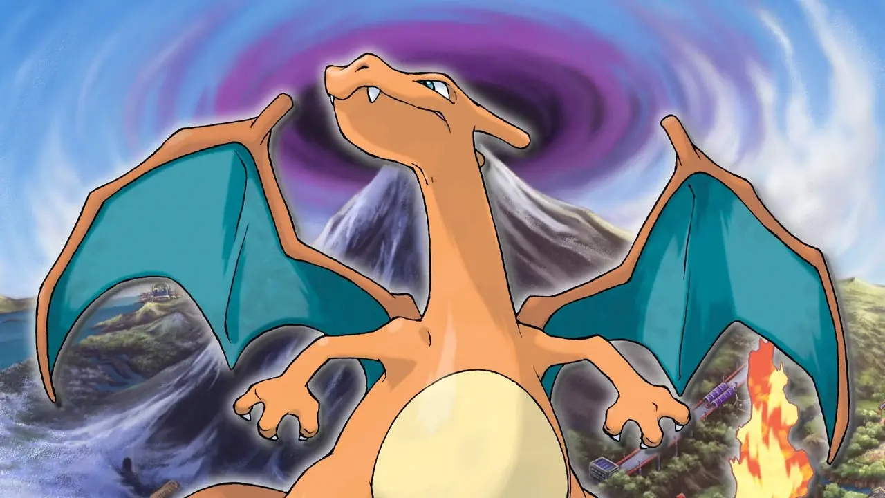 Charizard posa com as asas bem abertas, sobrepostas a uma imagem do Monte Coronet de Pokémon Diamond e Pearl.
