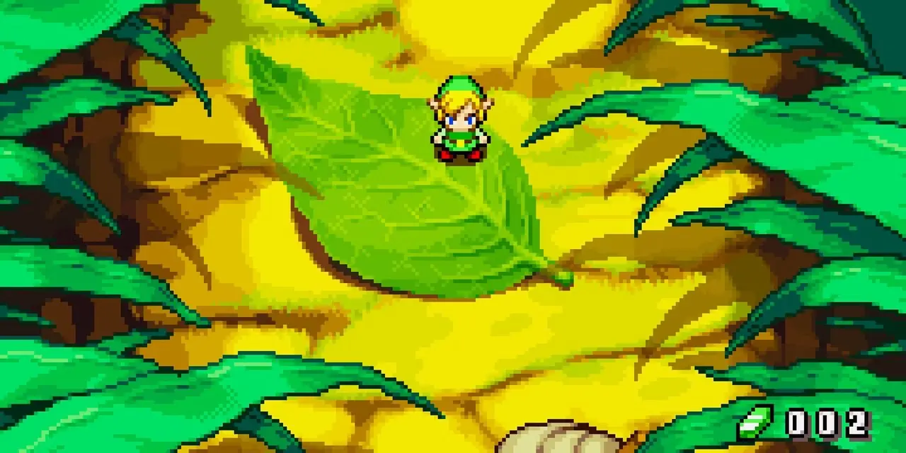 Una versión pequeña de Link de Legend of Zelda en una hoja en The Minish Cap.