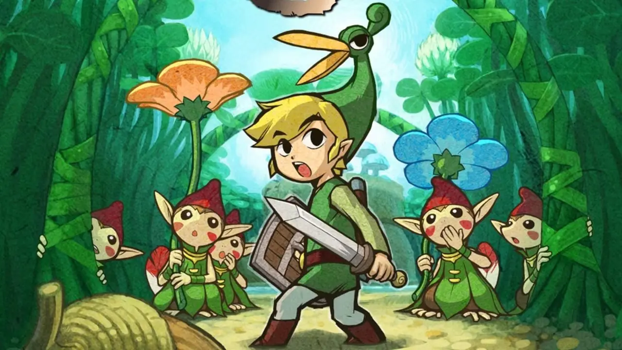 Link rodeado de criaturas del bosque en el arte clave de The Legend of Zelda Minish Cap.