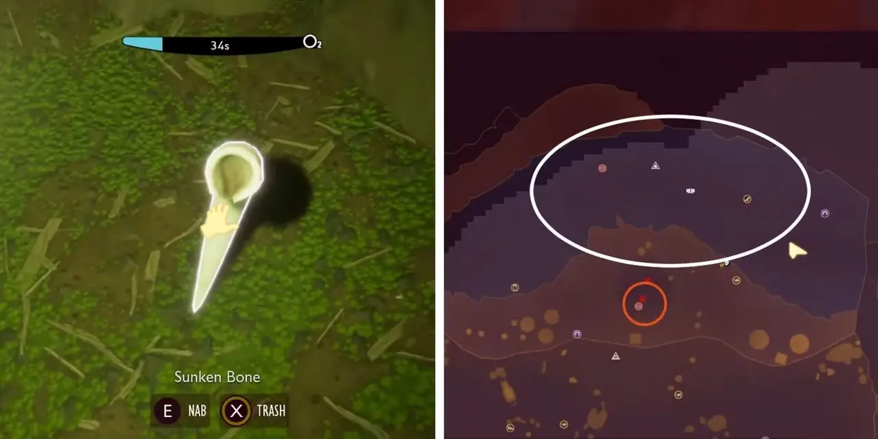 La ubicación de Sunken Bone en el mapa de Grounded junto a una imagen de Sunken Bone en el suelo.