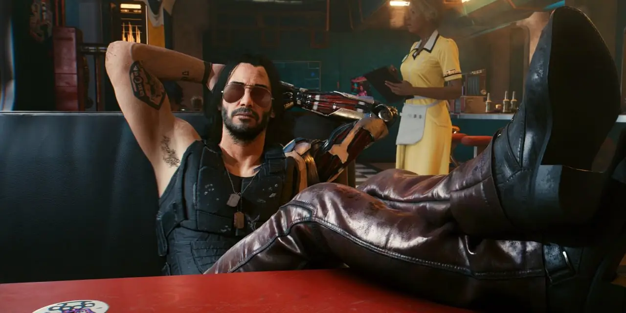 Cyberpunk 2077 Johnny Silverhand sentado con los pies sobre la mesa en un restaurante Cyberpunk 2077 Johnny Silverhand sentado con los pies sobre la mesa en un restaurante