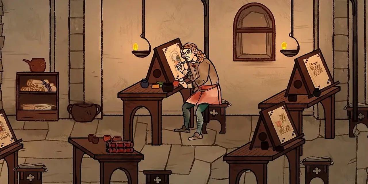 Imagen de Andreas Maler, el protagonista de Pentiment, trabajando en su escritorio de pintura. Imagen de Andreas Maler, el protagonista de Pentiment, trabajando en su escritorio de pintura.