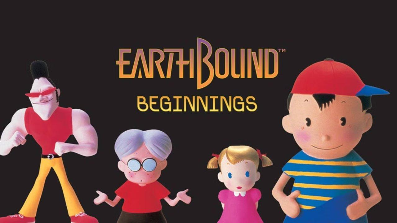 Personajes de Earthbound Beginnings con el logo del juego en el medio.