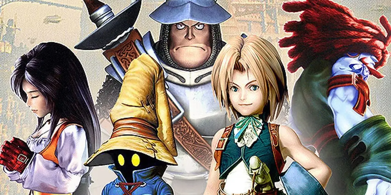 Het artwork van Final Fantasy 9, met van links naar rechts de volgende personages: Garnet, Vivi, Steiner, Zidane en Amarant. Het artwork van Final Fantasy 9, met van links naar rechts de volgende personages: Garnet, Vivi, Steiner, Zidane en Amarant.