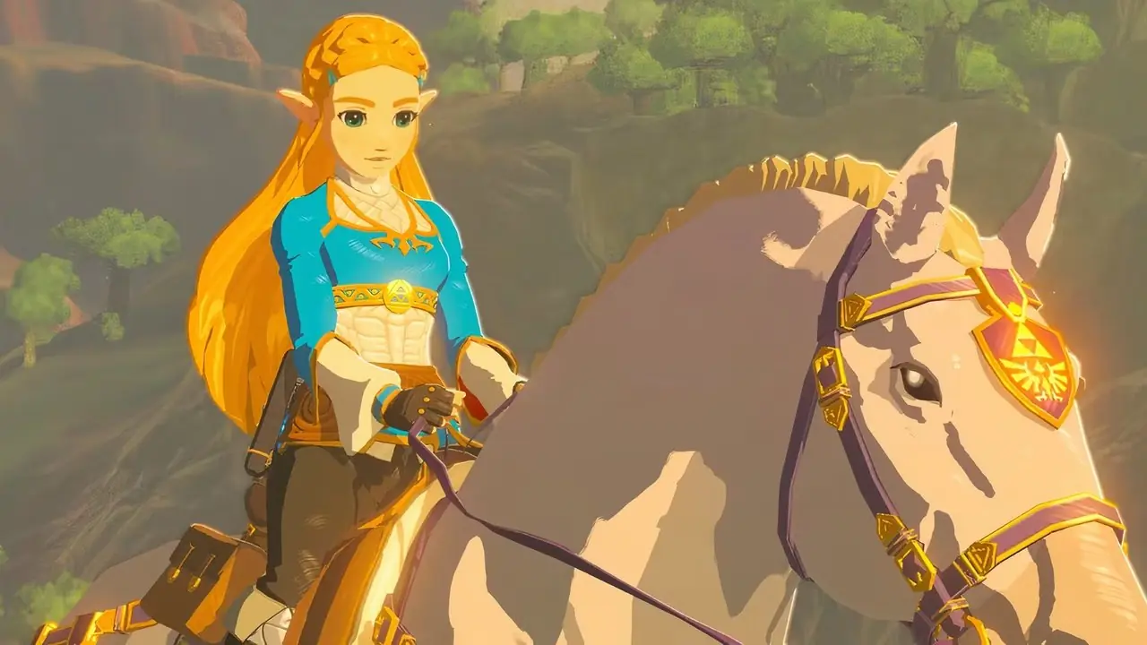 브레스 오브 더 와일드(Breath of the Wild)에서 말을 타고 있는 젤다.