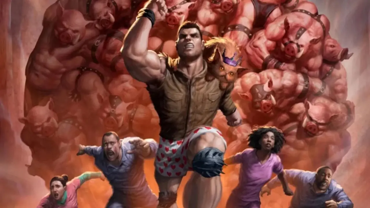 Carl et Donut fuyant une boule de cochons dans Dungeon Crawler Carl