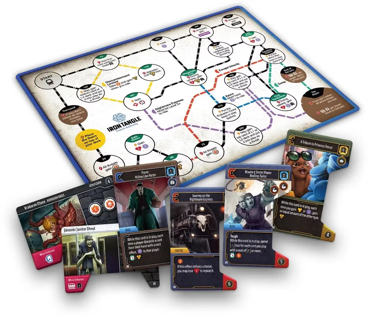 L'image montre les composants de Dungeon Crawler Carl Unstoppable: Iron Tangle Expansion.