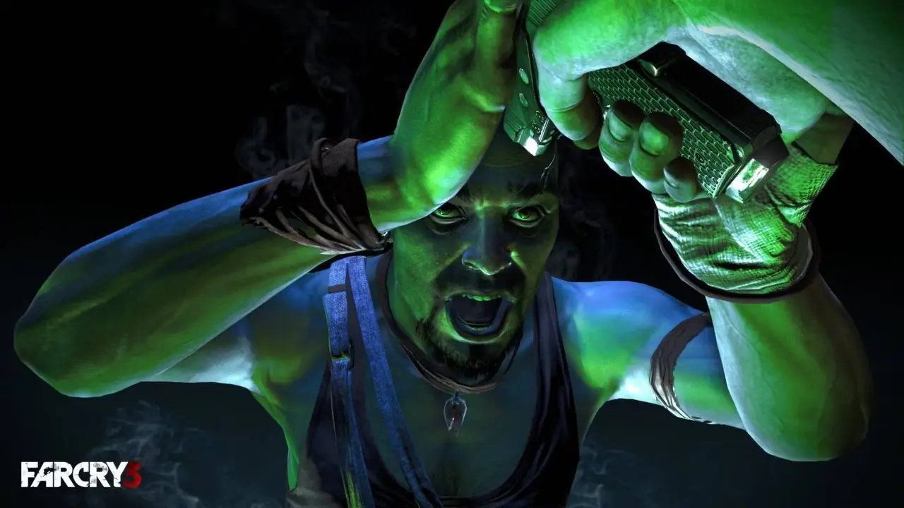 Jason richt een pistool op het hoofd van Vaas in Far Cry 3. Jason richt een pistool op het hoofd van Vaas in Far Cry 3.