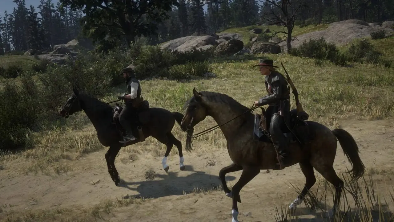 Dos personajes viajando uno al lado del otro en Red Dead Redemption 2.