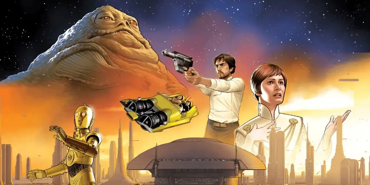 Ключевое изображение Star Wars Unlimited Secrets of Power с участием Джаббы, Кассиана Андора и Мон Мотмы