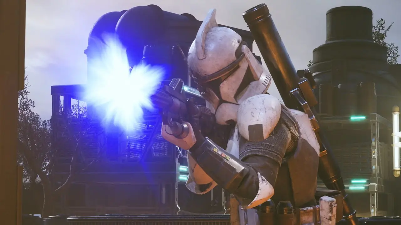 Клон-солдат стреляет из бластерной винтовки в Star Wars Zero Company. Клон-солдат стреляет из бластерной винтовки в Star Wars Zero Company.