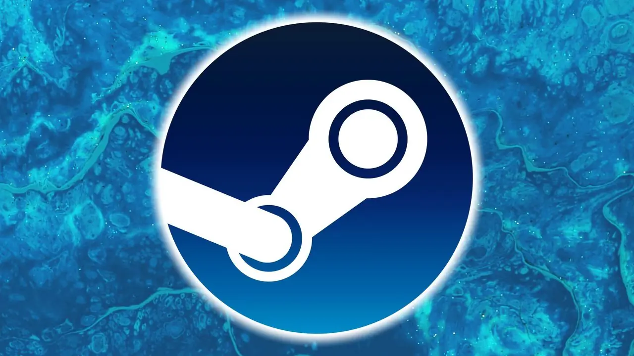 Das Steam-Logo ist über einem blauen Hintergrund eingeblendet.