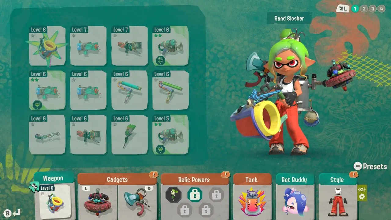 Splatoon Raiders inventarmeny med mange våpen å velge Splatoon Raiders inventarmeny med mange våpen å velge