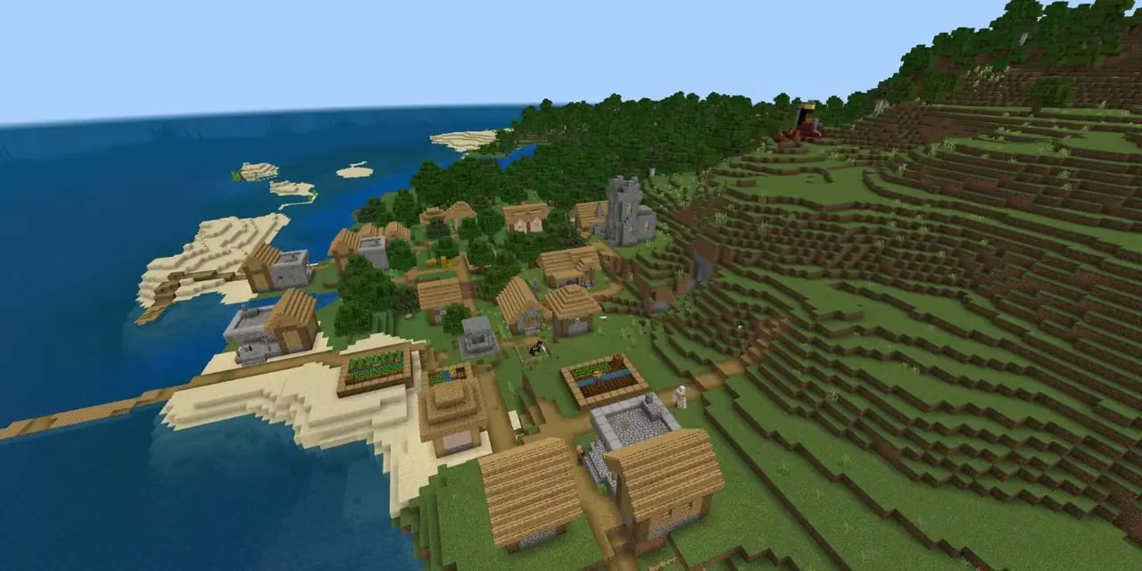 Vista desde el punto de generación de Plains Village junto al mar en un Speedrun Seed en Minecraft.