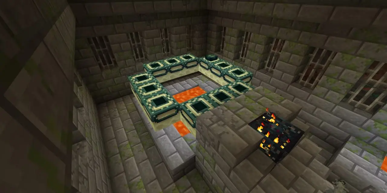 Vista de un portal de Stronghold End debajo de la aldea en una semilla de Speedrun en Minecraft.