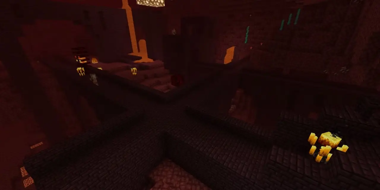 Vista de una fortaleza abisal en el Nether, rodeada de mobs Blaze en una semilla Speedrun en Minecraft.