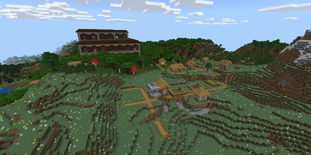 Vista de una aldea de las llanuras junto a una mansión del bosque en un bioma de pradera, en Meadow PE Seed en Minecraft.