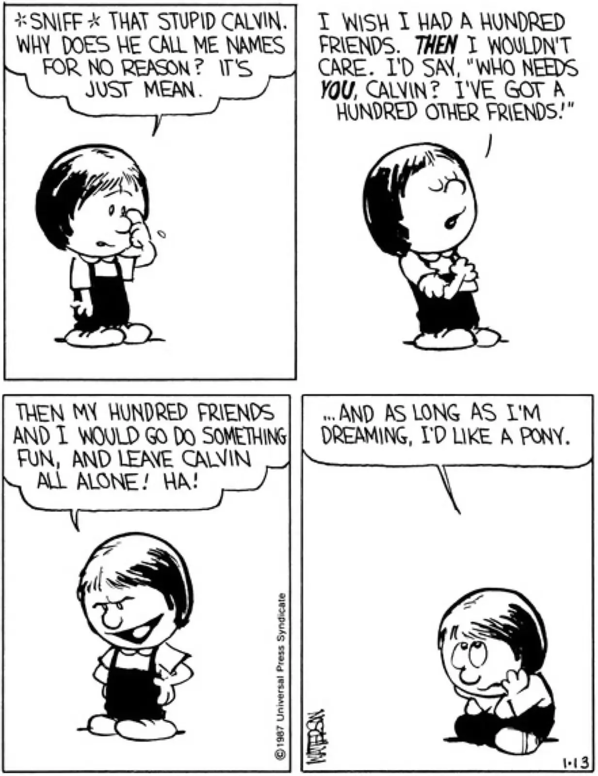 Susie Derkins vorrebbe avere più amici in Calvin and Hobbes Susie Derkins vorrebbe avere più amici in Calvin and Hobbes