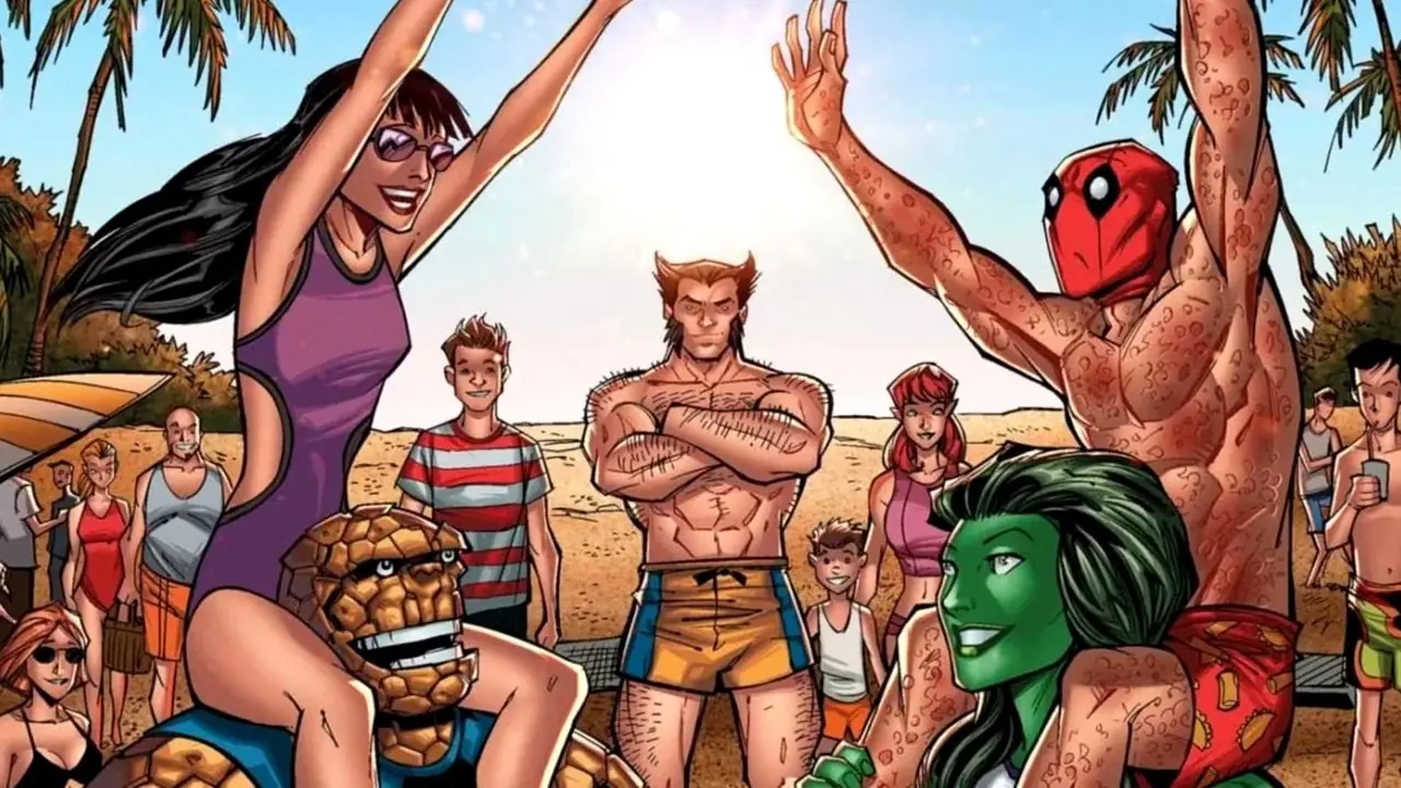 Marvels helter leker sammen på stranden i omslagskunst med sommertema Marvels helter leker sammen på stranden i omslagskunst med sommertema