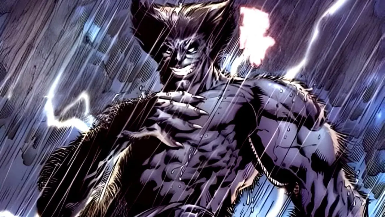 Złoczyńca X-Men, Dark Beast, uśmiecha się w deszczu Złoczyńca X-Men, Dark Beast, uśmiecha się w deszczu