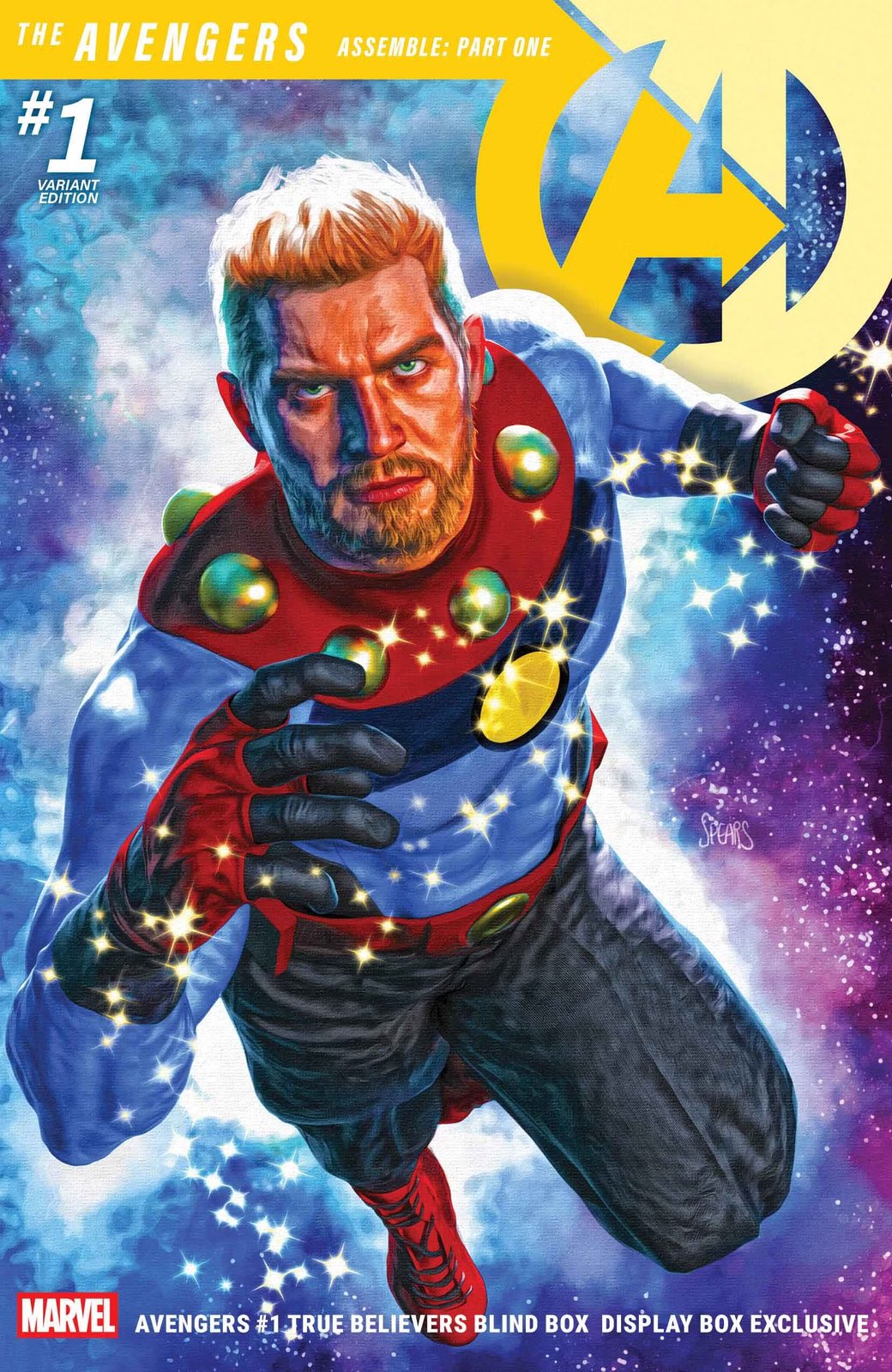 David Colton, también conocido como Miracleman, vuela hacia el lector en la portada de Avengers #1