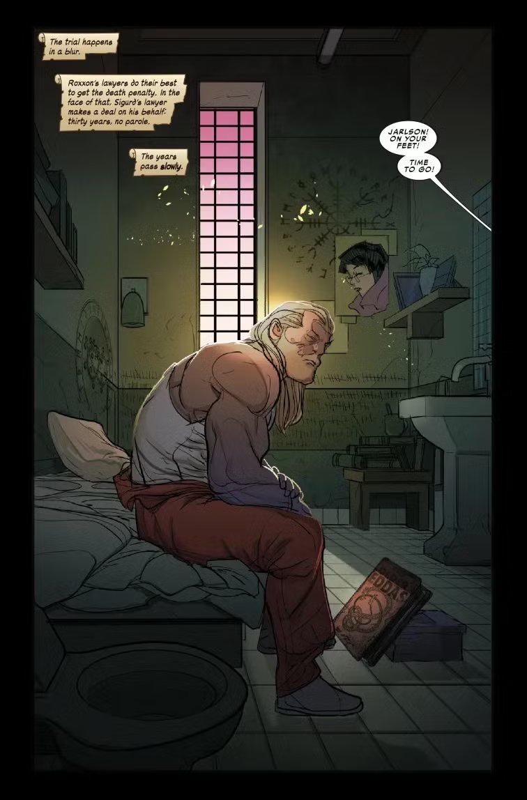سيجورد جارلسون يجلس في السجن في الغلاف الهزلي Thor #800