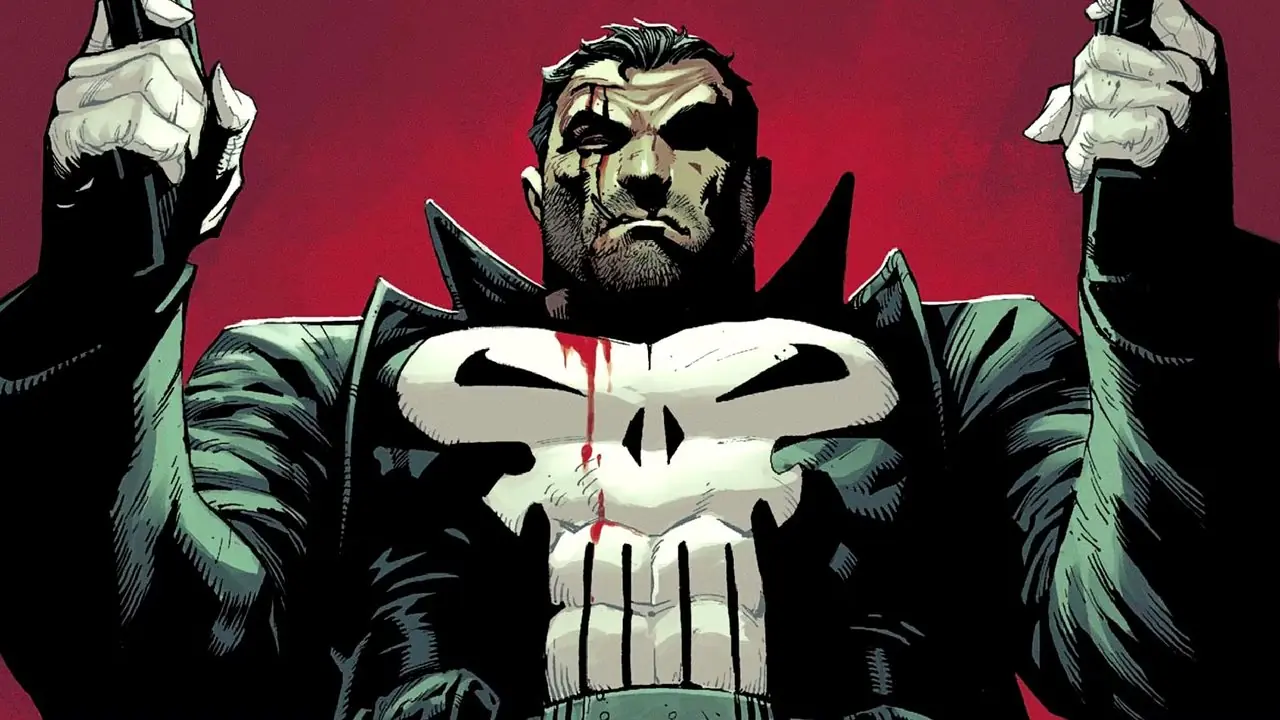 Frank Castle aka Punisher blør mens han skyter våpen på rød bakgrunn