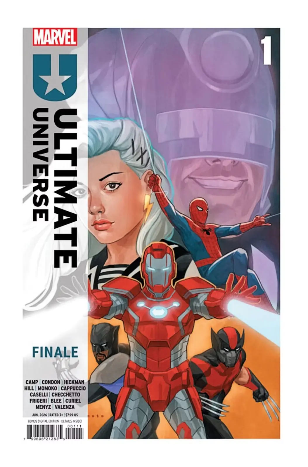 Okładka finału Ultimate Universe #1, Stwórca unoszący się nad Wolverine'em, Iron Ladem, Spider-Manem i innymi bohaterami Okładka finału Ultimate Universe #1, Stwórca unoszący się nad Wolverine'em, Iron Ladem, Spider-Manem i innymi bohaterami