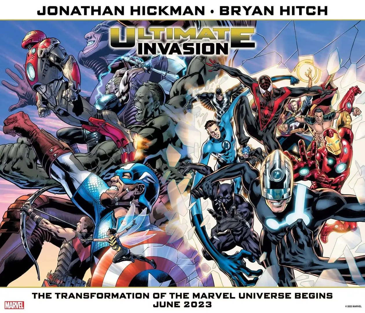 Grafika komiksu: obraz promocyjny Ultimate Invasion przedstawiający dwa zestawy drużyn superbohaterów. Grafika komiksu: obraz promocyjny Ultimate Invasion przedstawiający dwa zestawy drużyn superbohaterów.