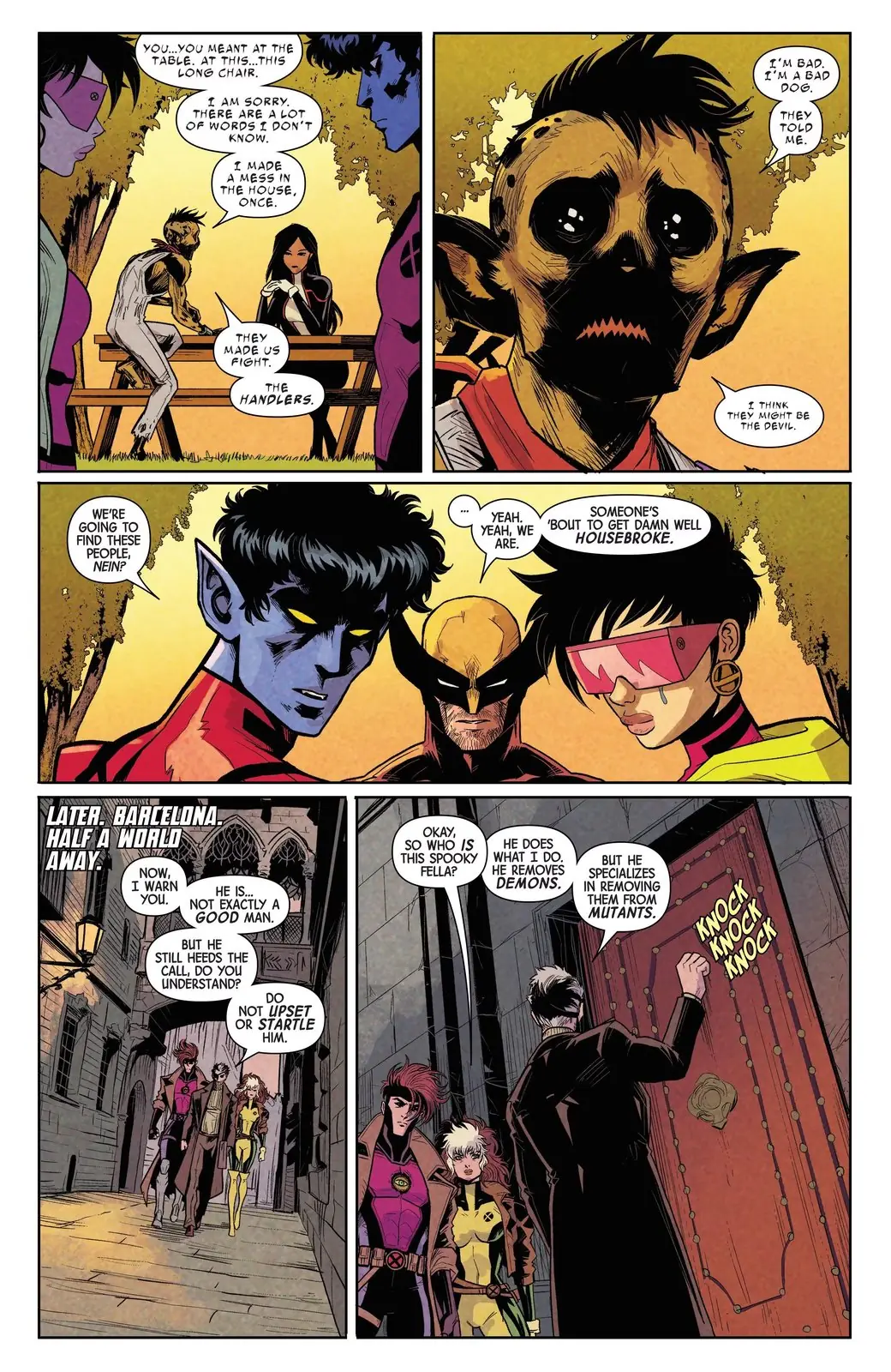 Uncanny X-Men #34에서 하울러가 테이블에 앉아 있습니다.