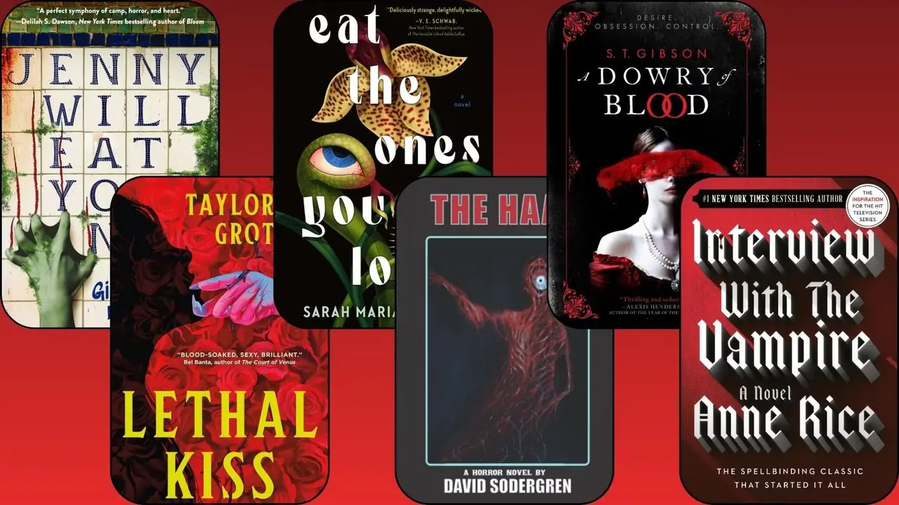 Seis libros de horror de monstruos están frente a un fondo rojo degradado Seis libros de horror de monstruos están frente a un fondo rojo degradado